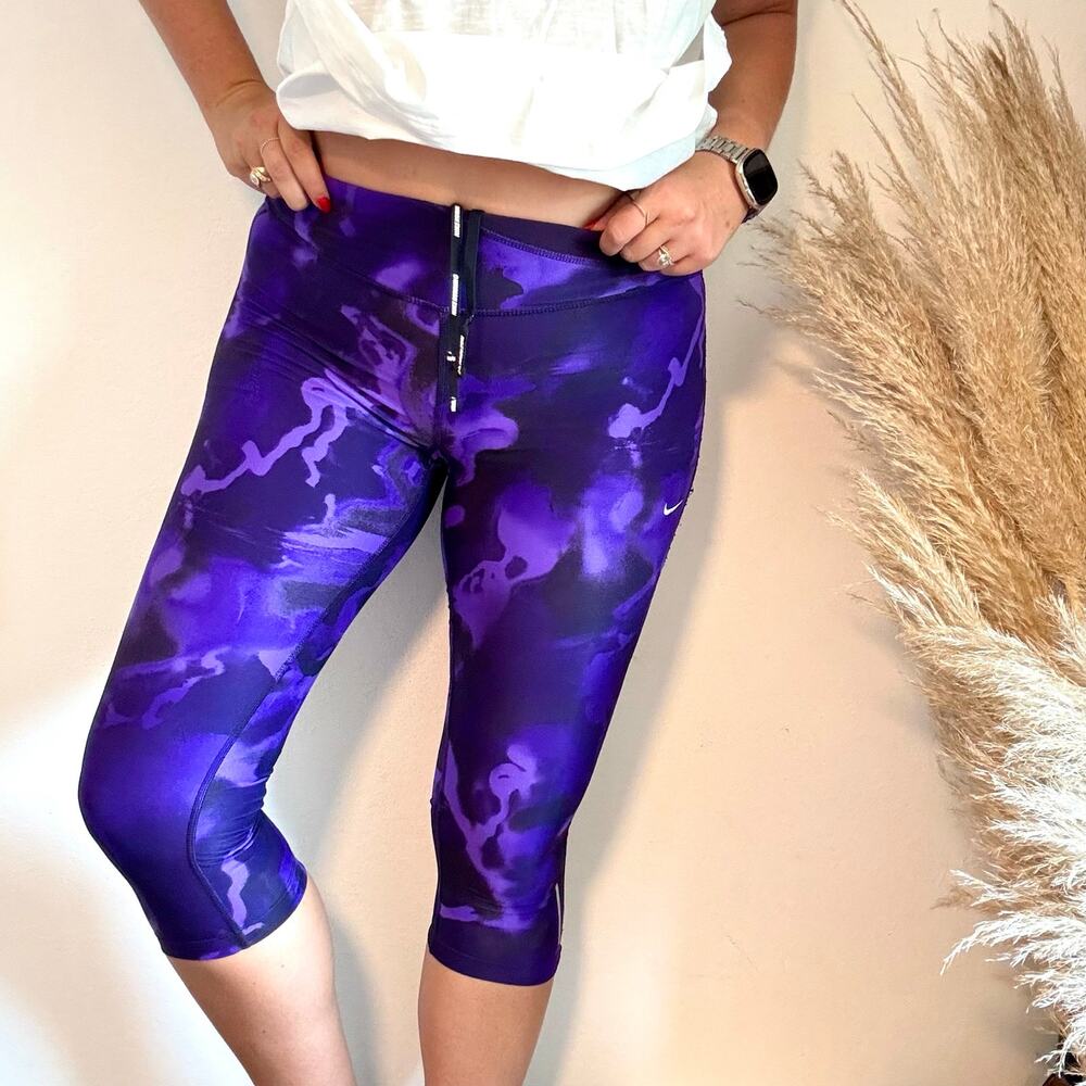 NIKE Running Purple Black Dri Fit Power Crop Tights $78 Leggings Capri Pocket S